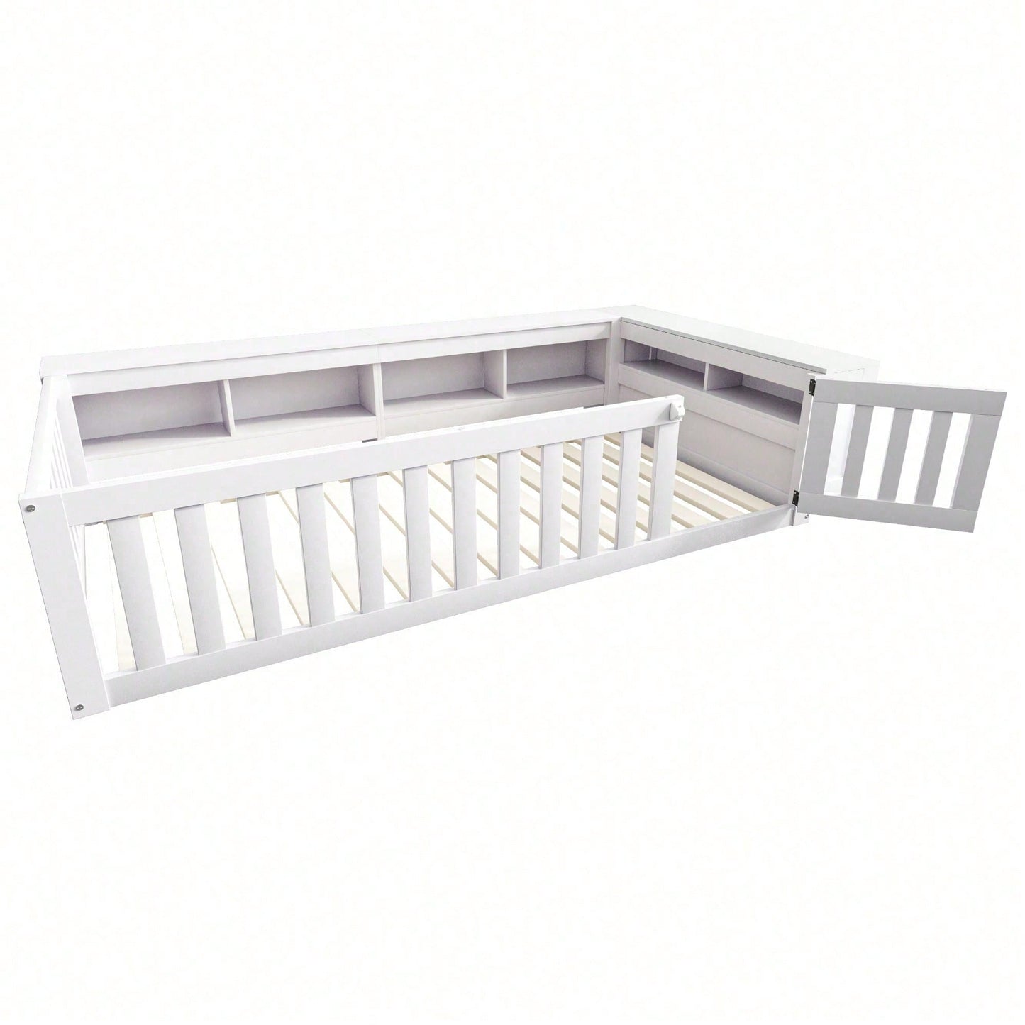 Kinderbett 90x200 cm aus Massivholz – Multifunktionales Einzelbett mit Sicherheitsgitter, Türchen & großzügigem Stauraum – Inkl. Lattenrost, Rundum-Schutz & Aufbewahrungsfächern (Weiß)