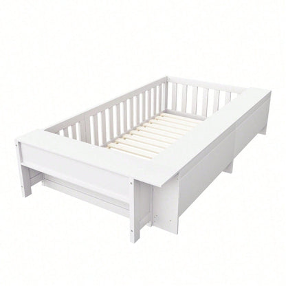 Kinderbett 90x200 cm aus Massivholz – Multifunktionales Einzelbett mit Sicherheitsgitter, Türchen & großzügigem Stauraum – Inkl. Lattenrost, Rundum-Schutz & Aufbewahrungsfächern (Weiß)