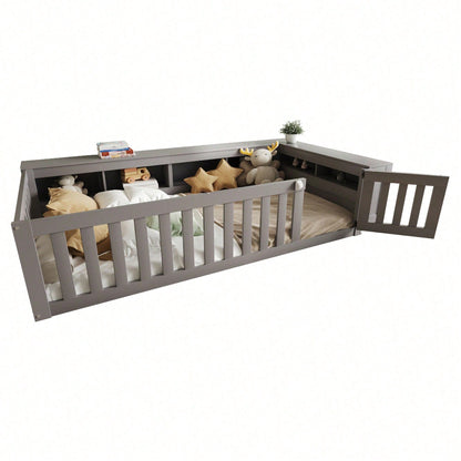 Kinderbett 90x200 cm aus Massivholz – Multifunktionales Einzelbett mit Sicherheitsgitter, Türchen & großzügigem Stauraum – Inkl. Lattenrost, Rundum-Schutz & Aufbewahrungsfächern (Weiß)