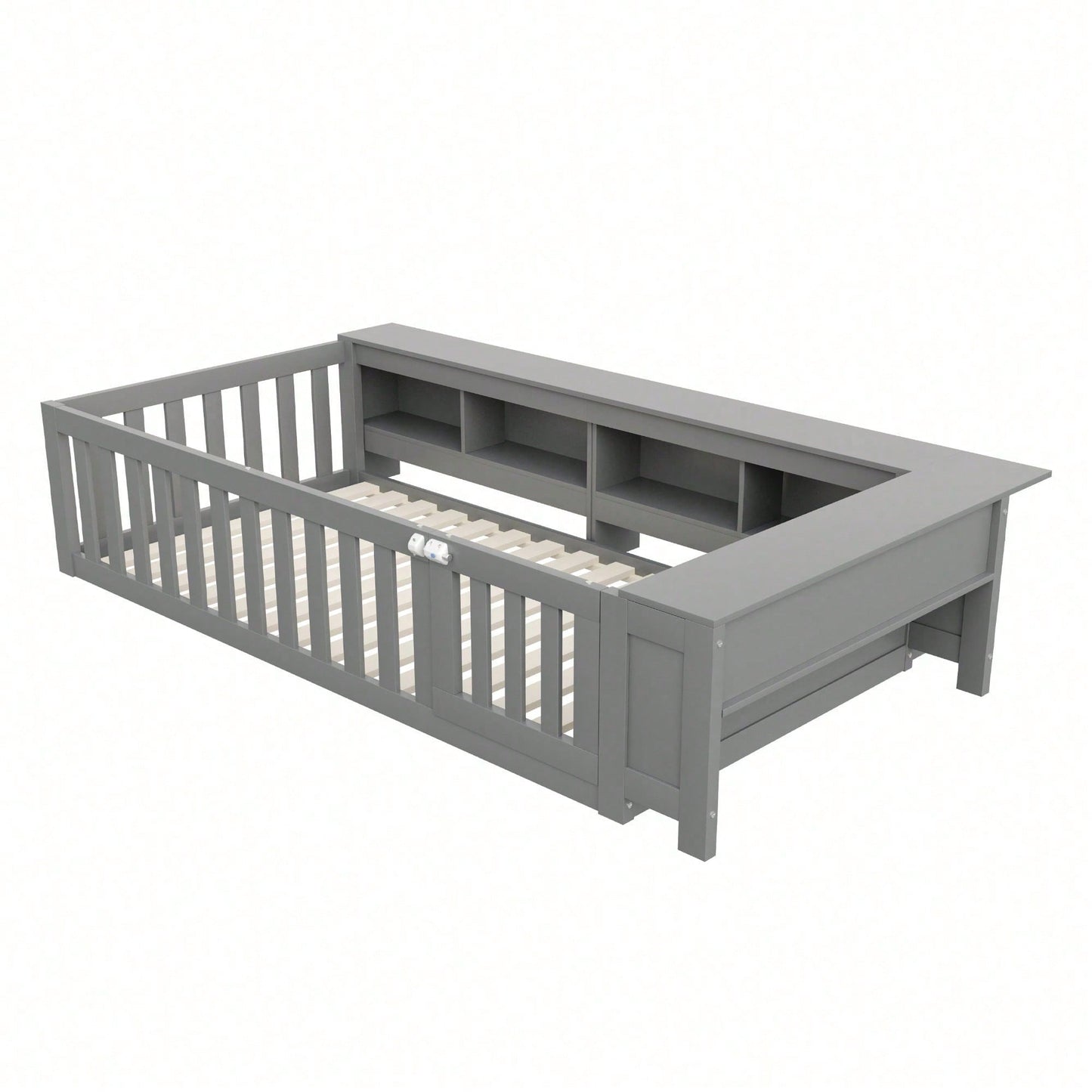 Kinderbett 90x200 cm aus Massivholz – Multifunktionales Einzelbett mit Sicherheitsgitter, Türchen & großzügigem Stauraum – Inkl. Lattenrost, Rundum-Schutz & Aufbewahrungsfächern (Weiß)