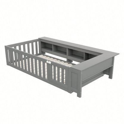 Kinderbett 90x200 cm aus Massivholz – Multifunktionales Einzelbett mit Sicherheitsgitter, Türchen & großzügigem Stauraum – Inkl. Lattenrost, Rundum-Schutz & Aufbewahrungsfächern (Weiß)