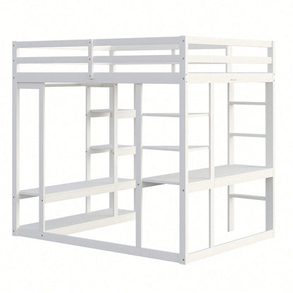 Massivholz-Hochbett 140x200 cm mit Schreibtisch & Regalen – Kinder-/Jugendbett in Weiß (inkl. Leiter, Ablageflächen & Aufhängungen) – Stilvolles Doppelbett mit Laminat-Oberflächen