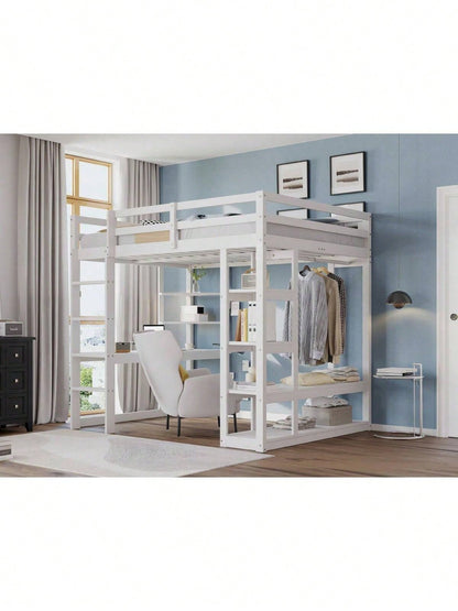 Massivholz-Hochbett 140x200 cm mit Schreibtisch & Regalen – Kinder-/Jugendbett in Weiß (inkl. Leiter, Ablageflächen & Aufhängungen) – Stilvolles Doppelbett mit Laminat-Oberflächen