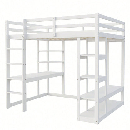 Massivholz-Hochbett 140x200 cm mit Schreibtisch & Regalen – Kinder-/Jugendbett in Weiß (inkl. Leiter, Ablageflächen & Aufhängungen) – Stilvolles Doppelbett mit Laminat-Oberflächen
