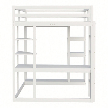 Massivholz-Hochbett 140x200 cm mit Schreibtisch & Regalen – Kinder-/Jugendbett in Weiß (inkl. Leiter, Ablageflächen & Aufhängungen) – Stilvolles Doppelbett mit Laminat-Oberflächen
