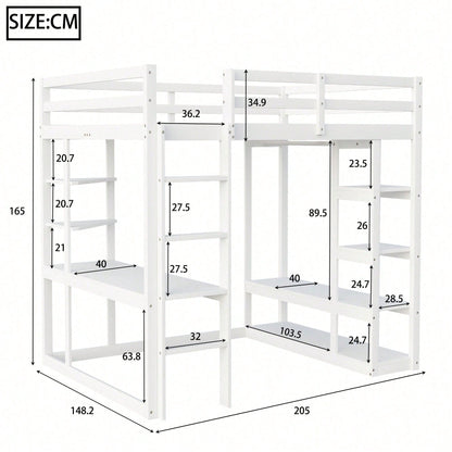 Massivholz-Hochbett 140x200 cm mit Schreibtisch & Regalen – Kinder-/Jugendbett in Weiß (inkl. Leiter, Ablageflächen & Aufhängungen) – Stilvolles Doppelbett mit Laminat-Oberflächen