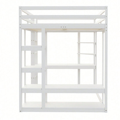 Massivholz-Hochbett 140x200 cm mit Schreibtisch & Regalen – Kinder-/Jugendbett in Weiß (inkl. Leiter, Ablageflächen & Aufhängungen) – Stilvolles Doppelbett mit Laminat-Oberflächen
