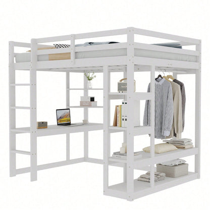 Massivholz-Hochbett 140x200 cm mit Schreibtisch & Regalen – Kinder-/Jugendbett in Weiß (inkl. Leiter, Ablageflächen & Aufhängungen) – Stilvolles Doppelbett mit Laminat-Oberflächen