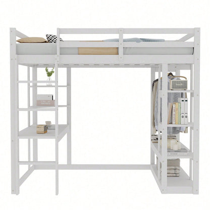 Massivholz-Hochbett 140x200 cm mit Schreibtisch & Regalen – Kinder-/Jugendbett in Weiß (inkl. Leiter, Ablageflächen & Aufhängungen) – Stilvolles Doppelbett mit Laminat-Oberflächen