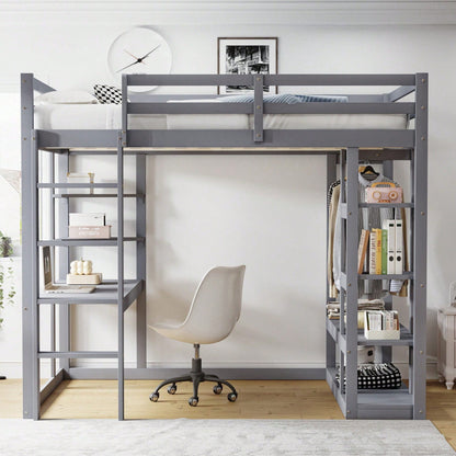 Massivholz-Hochbett 140x200 cm mit Schreibtisch & Regalen – Kinder-/Jugendbett in Weiß (inkl. Leiter, Ablageflächen & Aufhängungen) – Stilvolles Doppelbett mit Laminat-Oberflächen