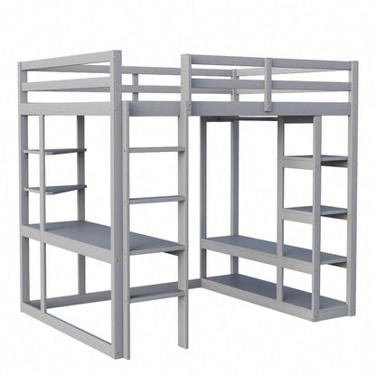 Massivholz-Hochbett 140x200 cm mit Schreibtisch & Regalen – Kinder-/Jugendbett in Weiß (inkl. Leiter, Ablageflächen & Aufhängungen) – Stilvolles Doppelbett mit Laminat-Oberflächen