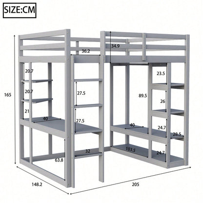 Massivholz-Hochbett 140x200 cm mit Schreibtisch & Regalen – Kinder-/Jugendbett in Weiß (inkl. Leiter, Ablageflächen & Aufhängungen) – Stilvolles Doppelbett mit Laminat-Oberflächen