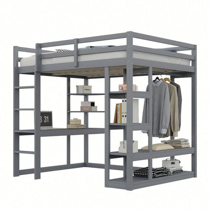 Massivholz-Hochbett 140x200 cm mit Schreibtisch & Regalen – Kinder-/Jugendbett in Weiß (inkl. Leiter, Ablageflächen & Aufhängungen) – Stilvolles Doppelbett mit Laminat-Oberflächen