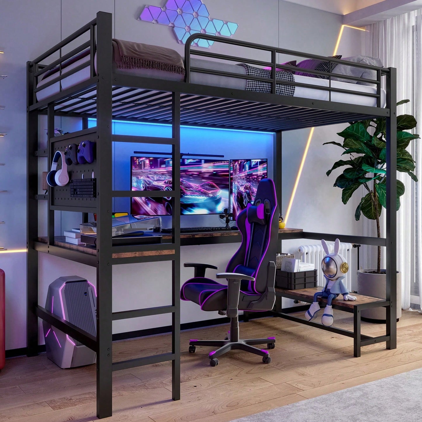 Hochbett 90x200 cm mit Schreibtisch & LED-Beleuchtung – Metallbett (Eisenrahmen) in Schwarz mit USB/Type-C-Anschlüssen, Lochbrett & Ablagen – Inkl. Geländer & Trittleiter (ohne Matratze)