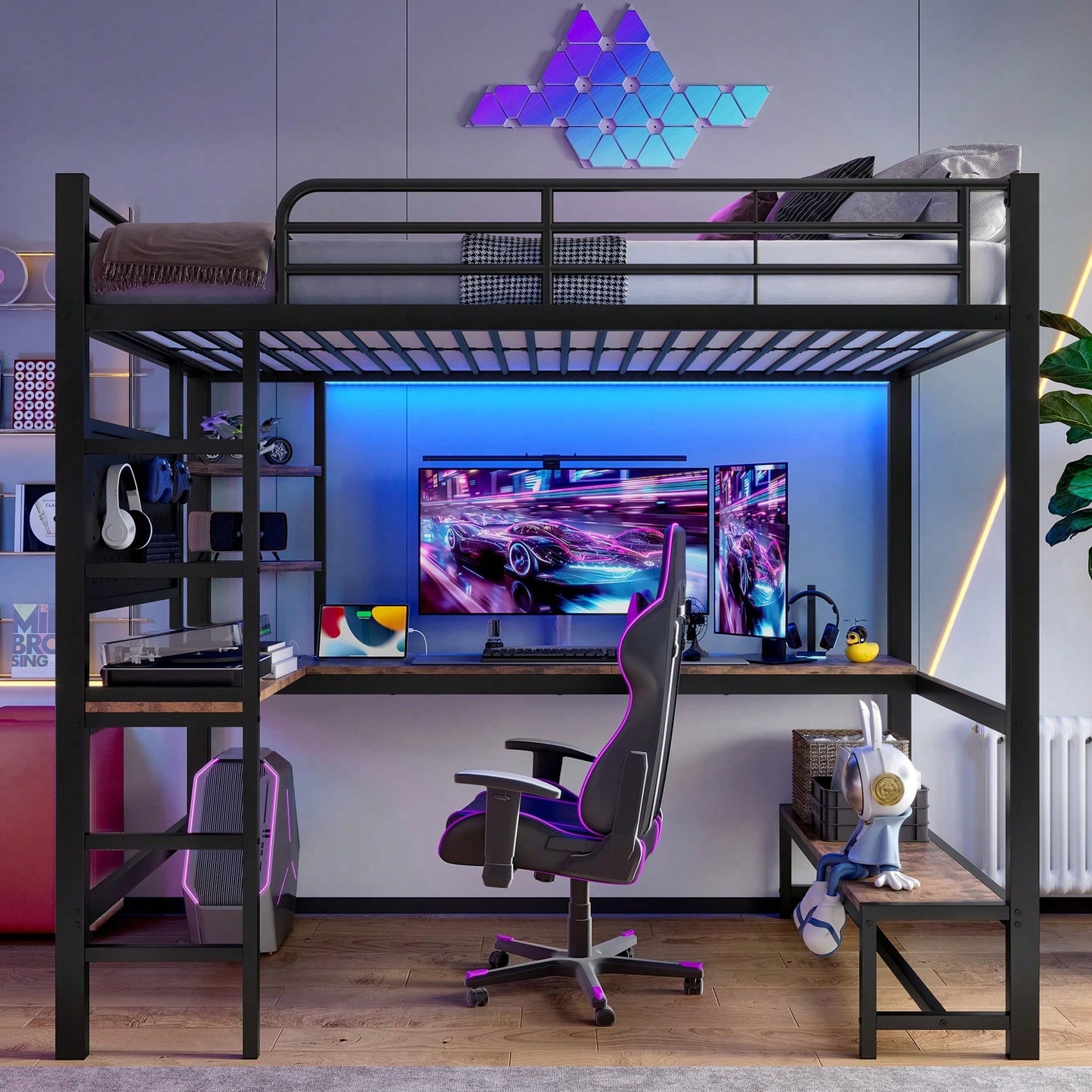 Hochbett 90x200 cm mit Schreibtisch & LED-Beleuchtung – Metallbett (Eisenrahmen) in Schwarz mit USB/Type-C-Anschlüssen, Lochbrett & Ablagen – Inkl. Geländer & Trittleiter (ohne Matratze)