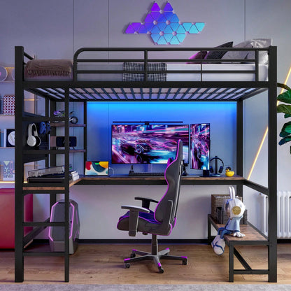 Hochbett 90x200 cm mit Schreibtisch & LED-Beleuchtung – Metallbett (Eisenrahmen) in Schwarz mit USB/Type-C-Anschlüssen, Lochbrett & Ablagen – Inkl. Geländer & Trittleiter (ohne Matratze)