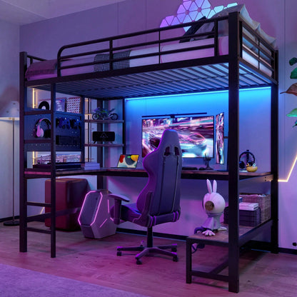 Hochbett 90x200 cm mit Schreibtisch & LED-Beleuchtung – Metallbett (Eisenrahmen) in Schwarz mit USB/Type-C-Anschlüssen, Lochbrett & Ablagen – Inkl. Geländer & Trittleiter (ohne Matratze)