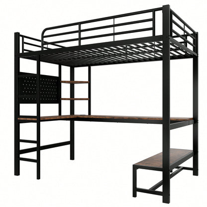Hochbett 90x200 cm mit Schreibtisch & LED-Beleuchtung – Metallbett (Eisenrahmen) in Schwarz mit USB/Type-C-Anschlüssen, Lochbrett & Ablagen – Inkl. Geländer & Trittleiter (ohne Matratze)