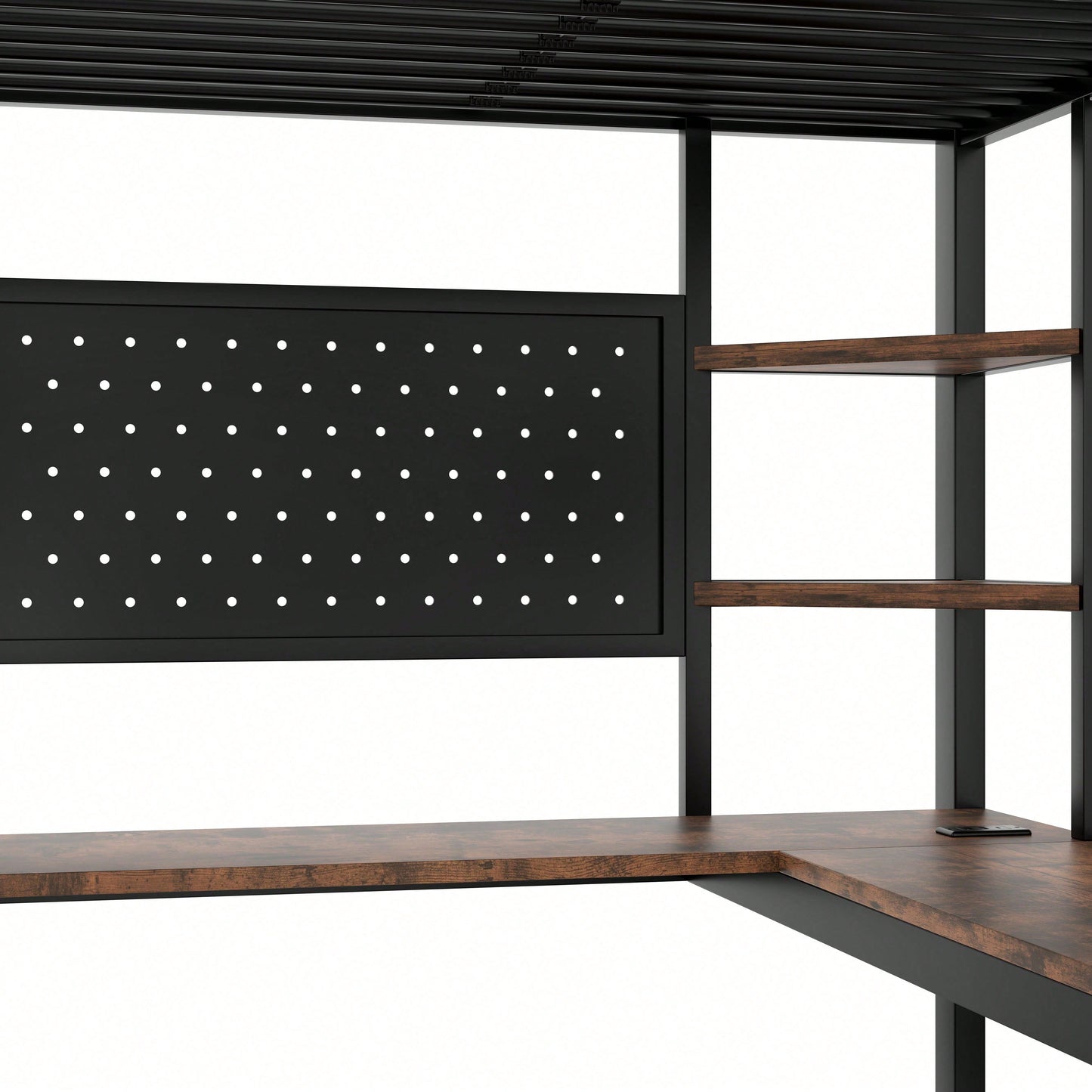 Hochbett 90x200 cm mit Schreibtisch & LED-Beleuchtung – Metallbett (Eisenrahmen) in Schwarz mit USB/Type-C-Anschlüssen, Lochbrett & Ablagen – Inkl. Geländer & Trittleiter (ohne Matratze)