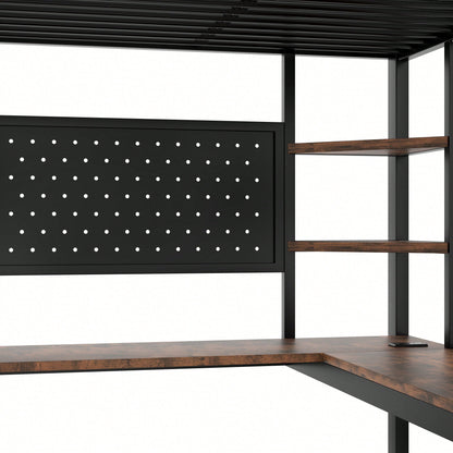 Hochbett 90x200 cm mit Schreibtisch & LED-Beleuchtung – Metallbett (Eisenrahmen) in Schwarz mit USB/Type-C-Anschlüssen, Lochbrett & Ablagen – Inkl. Geländer & Trittleiter (ohne Matratze)