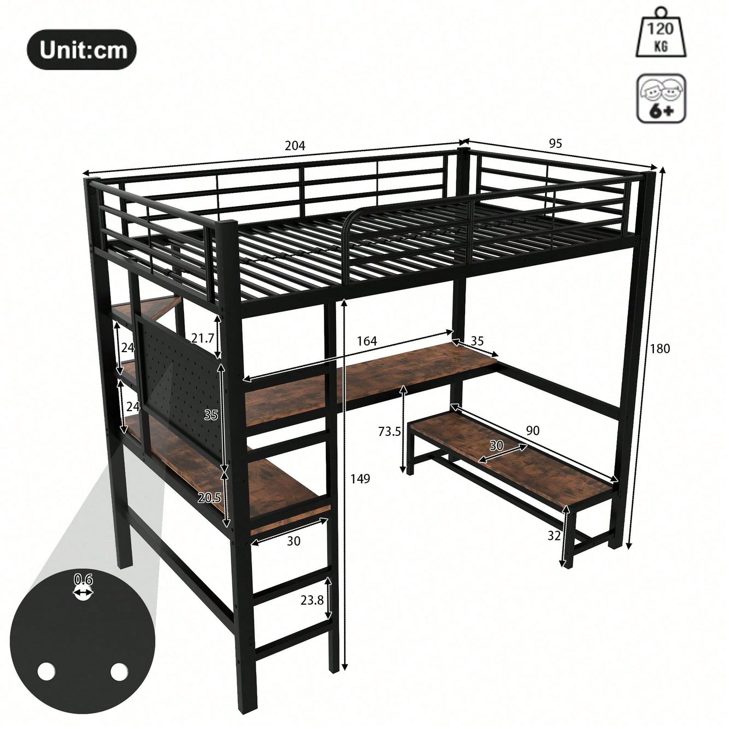 Hochbett 90x200 cm mit Schreibtisch & LED-Beleuchtung – Metallbett (Eisenrahmen) in Schwarz mit USB/Type-C-Anschlüssen, Lochbrett & Ablagen – Inkl. Geländer & Trittleiter (ohne Matratze)