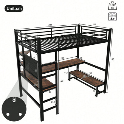 Hochbett 90x200 cm mit Schreibtisch & LED-Beleuchtung – Metallbett (Eisenrahmen) in Schwarz mit USB/Type-C-Anschlüssen, Lochbrett & Ablagen – Inkl. Geländer & Trittleiter (ohne Matratze)