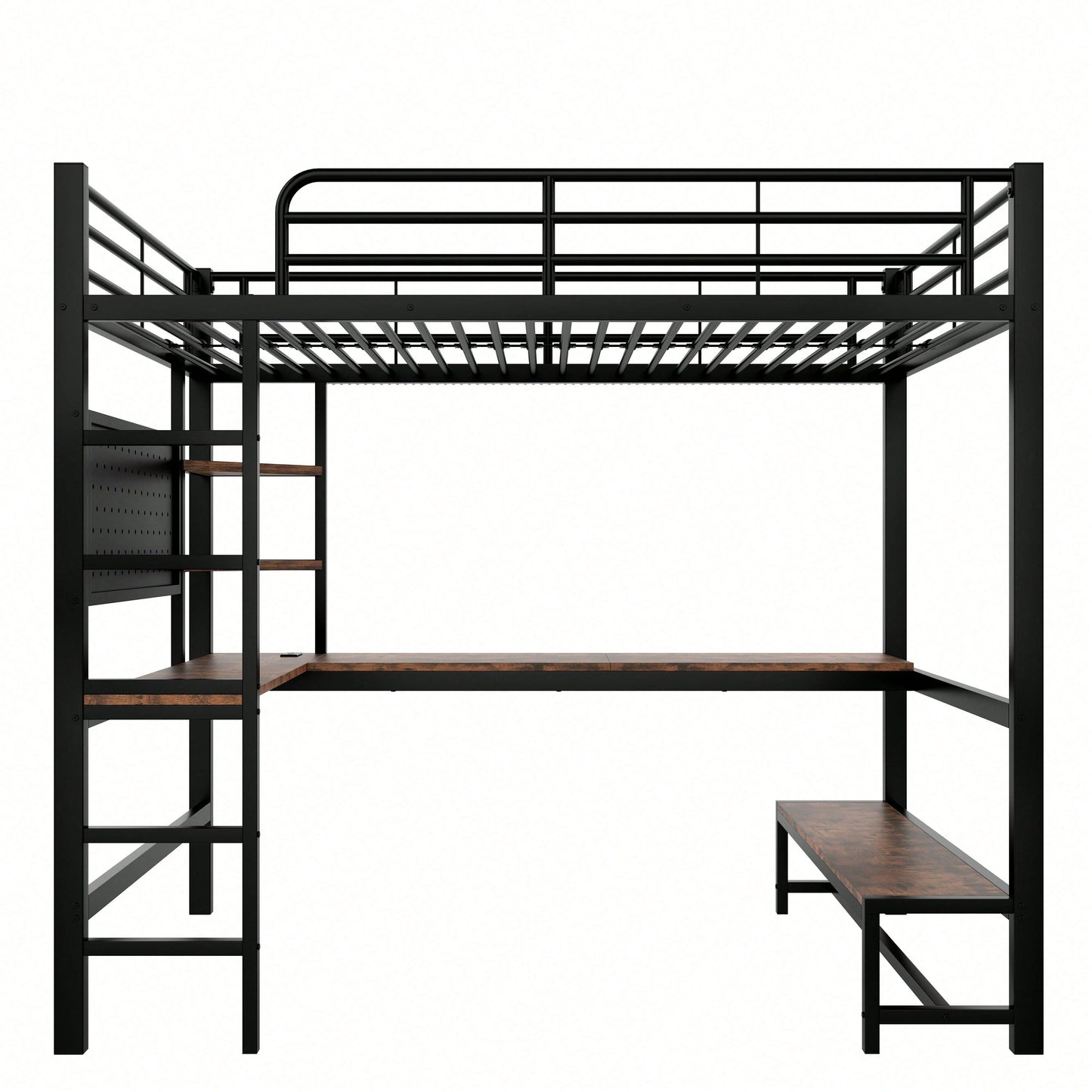 Hochbett 90x200 cm mit Schreibtisch & LED-Beleuchtung – Metallbett (Eisenrahmen) in Schwarz mit USB/Type-C-Anschlüssen, Lochbrett & Ablagen – Inkl. Geländer & Trittleiter (ohne Matratze)