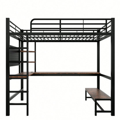 Hochbett 90x200 cm mit Schreibtisch & LED-Beleuchtung – Metallbett (Eisenrahmen) in Schwarz mit USB/Type-C-Anschlüssen, Lochbrett & Ablagen – Inkl. Geländer & Trittleiter (ohne Matratze)