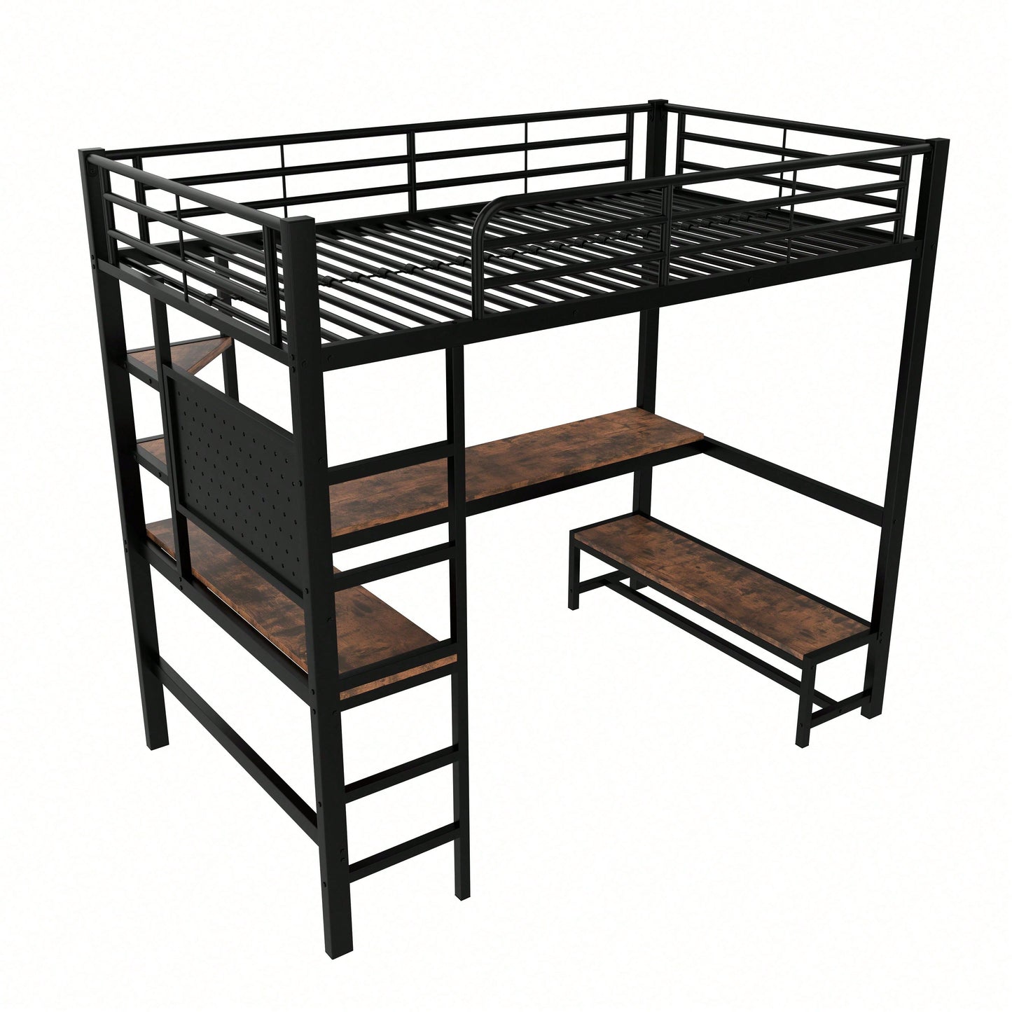 Hochbett 90x200 cm mit Schreibtisch & LED-Beleuchtung – Metallbett (Eisenrahmen) in Schwarz mit USB/Type-C-Anschlüssen, Lochbrett & Ablagen – Inkl. Geländer & Trittleiter (ohne Matratze)