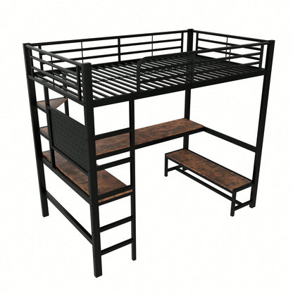 Hochbett 90x200 cm mit Schreibtisch & LED-Beleuchtung – Metallbett (Eisenrahmen) in Schwarz mit USB/Type-C-Anschlüssen, Lochbrett & Ablagen – Inkl. Geländer & Trittleiter (ohne Matratze)