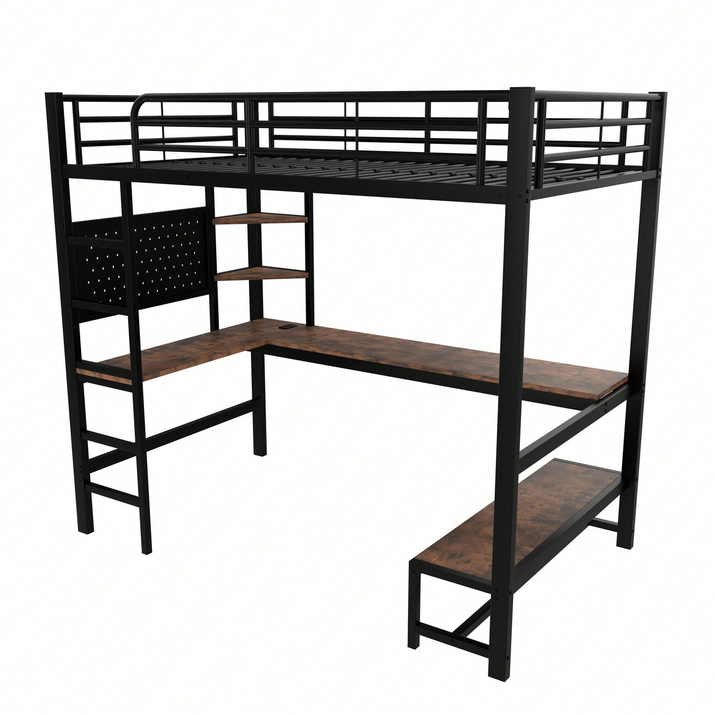 Hochbett 90x200 cm mit Schreibtisch & LED-Beleuchtung – Metallbett (Eisenrahmen) in Schwarz mit USB/Type-C-Anschlüssen, Lochbrett & Ablagen – Inkl. Geländer & Trittleiter (ohne Matratze)