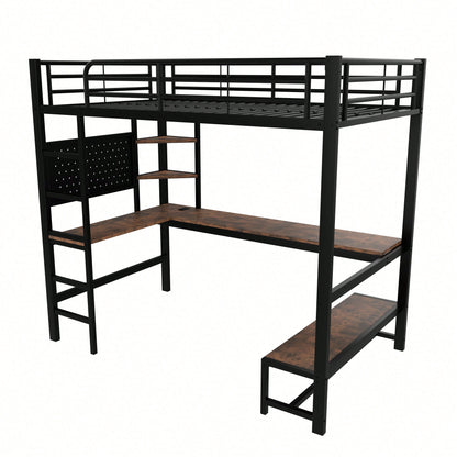 Hochbett 90x200 cm mit Schreibtisch & LED-Beleuchtung – Metallbett (Eisenrahmen) in Schwarz mit USB/Type-C-Anschlüssen, Lochbrett & Ablagen – Inkl. Geländer & Trittleiter (ohne Matratze)