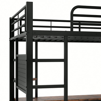 Hochbett 90x200 cm mit Schreibtisch & LED-Beleuchtung – Metallbett (Eisenrahmen) in Schwarz mit USB/Type-C-Anschlüssen, Lochbrett & Ablagen – Inkl. Geländer & Trittleiter (ohne Matratze)