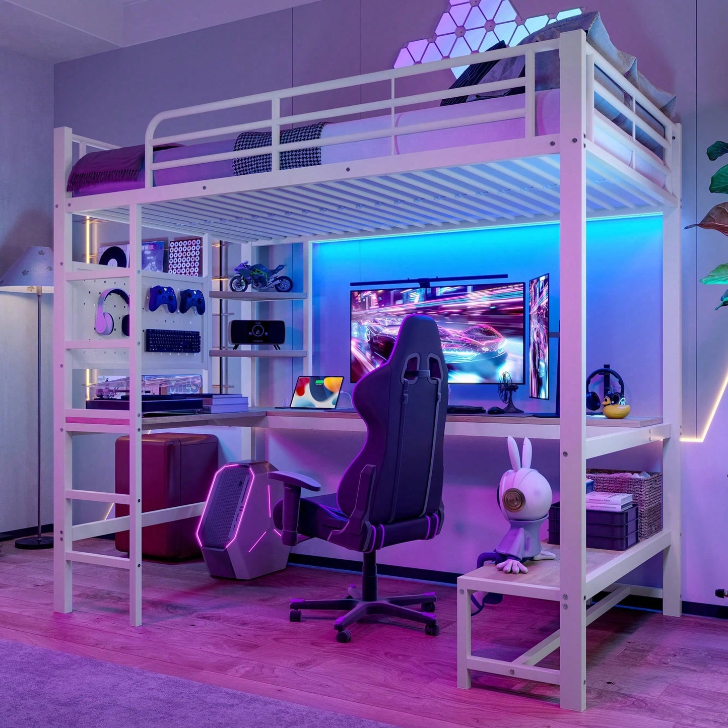 Hochbett 90x200 cm mit Schreibtisch & LED-Beleuchtung – Metallbett (Eisenrahmen) in Schwarz mit USB/Type-C-Anschlüssen, Lochbrett & Ablagen – Inkl. Geländer & Trittleiter (ohne Matratze)
