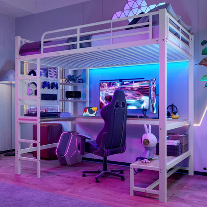 Hochbett 90x200 cm mit Schreibtisch & LED-Beleuchtung – Metallbett (Eisenrahmen) in Schwarz mit USB/Type-C-Anschlüssen, Lochbrett & Ablagen – Inkl. Geländer & Trittleiter (ohne Matratze)