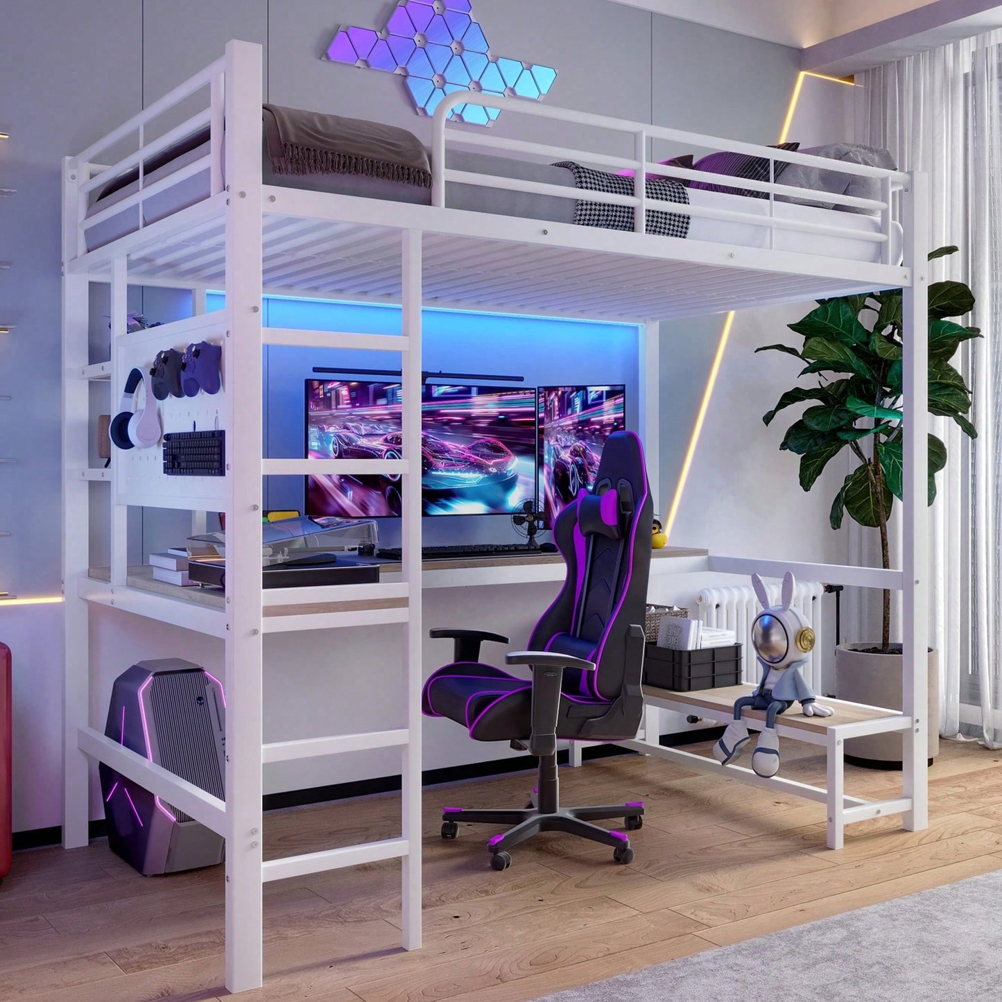 Hochbett 90x200 cm mit Schreibtisch & LED-Beleuchtung – Metallbett (Eisenrahmen) in Schwarz mit USB/Type-C-Anschlüssen, Lochbrett & Ablagen – Inkl. Geländer & Trittleiter (ohne Matratze)