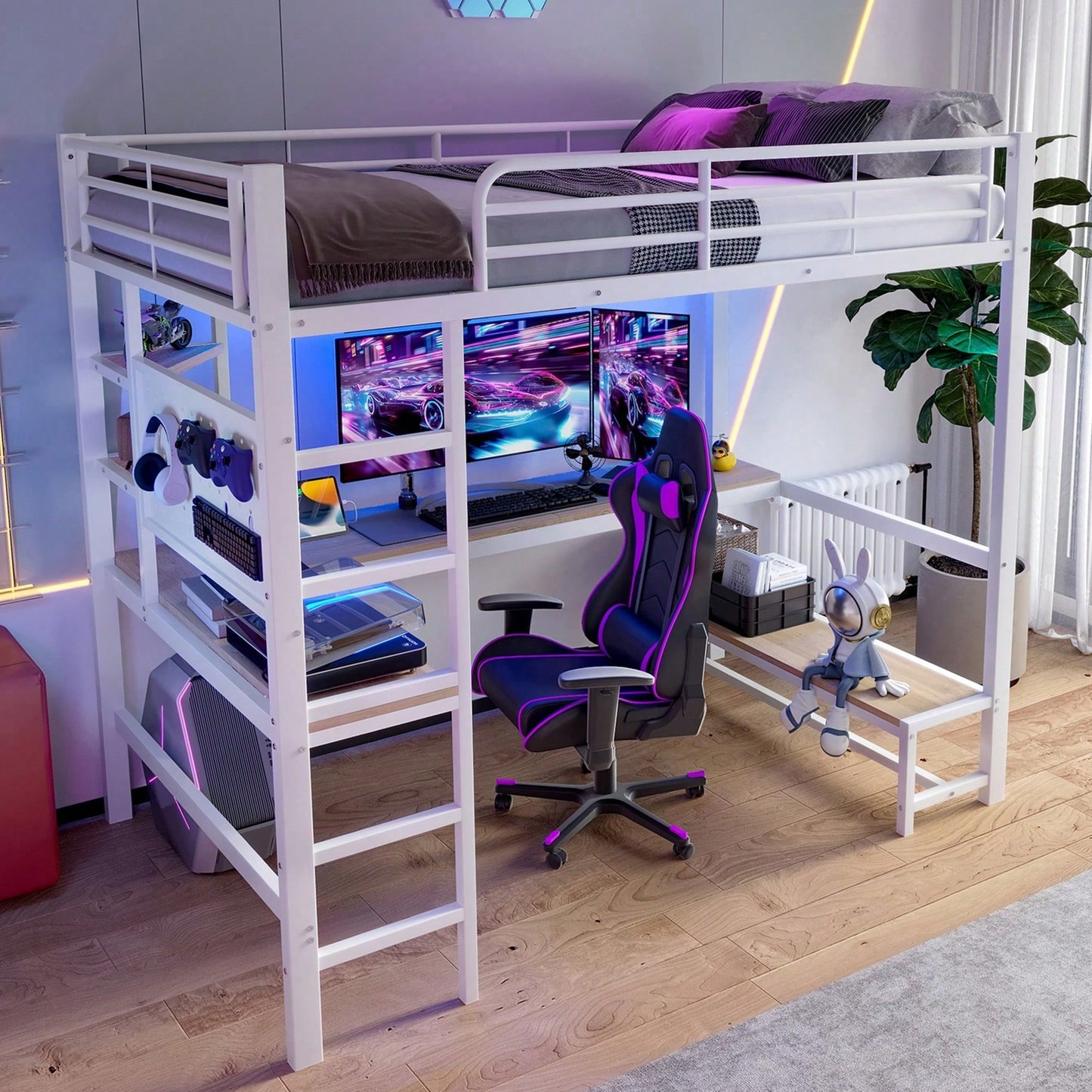 Hochbett 90x200 cm mit Schreibtisch & LED-Beleuchtung – Metallbett (Eisenrahmen) in Schwarz mit USB/Type-C-Anschlüssen, Lochbrett & Ablagen – Inkl. Geländer & Trittleiter (ohne Matratze)