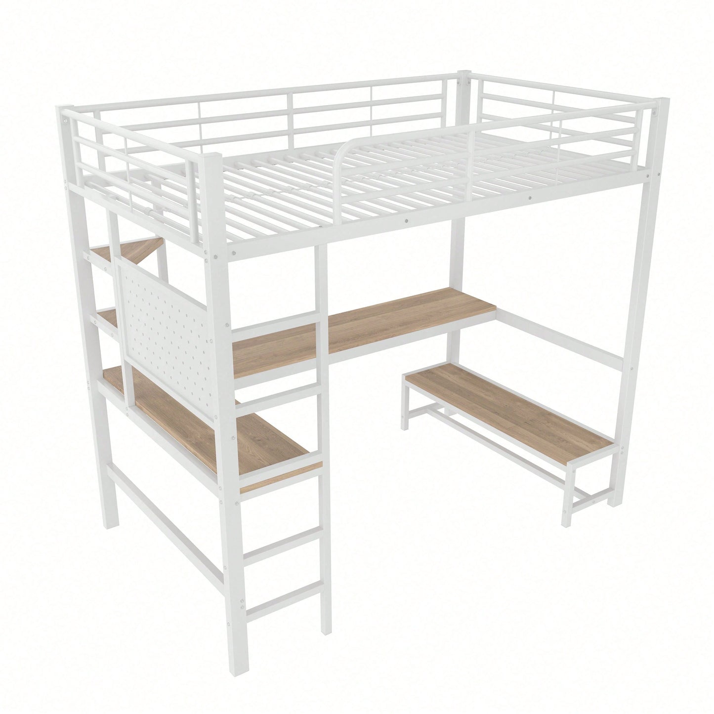 Hochbett 90x200 cm mit Schreibtisch & LED-Beleuchtung – Metallbett (Eisenrahmen) in Schwarz mit USB/Type-C-Anschlüssen, Lochbrett & Ablagen – Inkl. Geländer & Trittleiter (ohne Matratze)