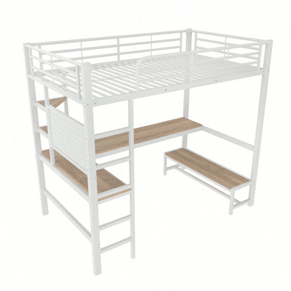 Hochbett 90x200 cm mit Schreibtisch & LED-Beleuchtung – Metallbett (Eisenrahmen) in Schwarz mit USB/Type-C-Anschlüssen, Lochbrett & Ablagen – Inkl. Geländer & Trittleiter (ohne Matratze)