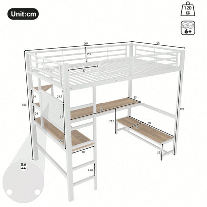 Hochbett 90x200 cm mit Schreibtisch & LED-Beleuchtung – Metallbett (Eisenrahmen) in Schwarz mit USB/Type-C-Anschlüssen, Lochbrett & Ablagen – Inkl. Geländer & Trittleiter (ohne Matratze)