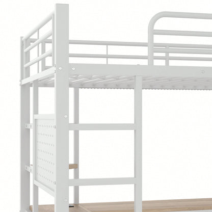 Hochbett 90x200 cm mit Schreibtisch & LED-Beleuchtung – Metallbett (Eisenrahmen) in Schwarz mit USB/Type-C-Anschlüssen, Lochbrett & Ablagen – Inkl. Geländer & Trittleiter (ohne Matratze)