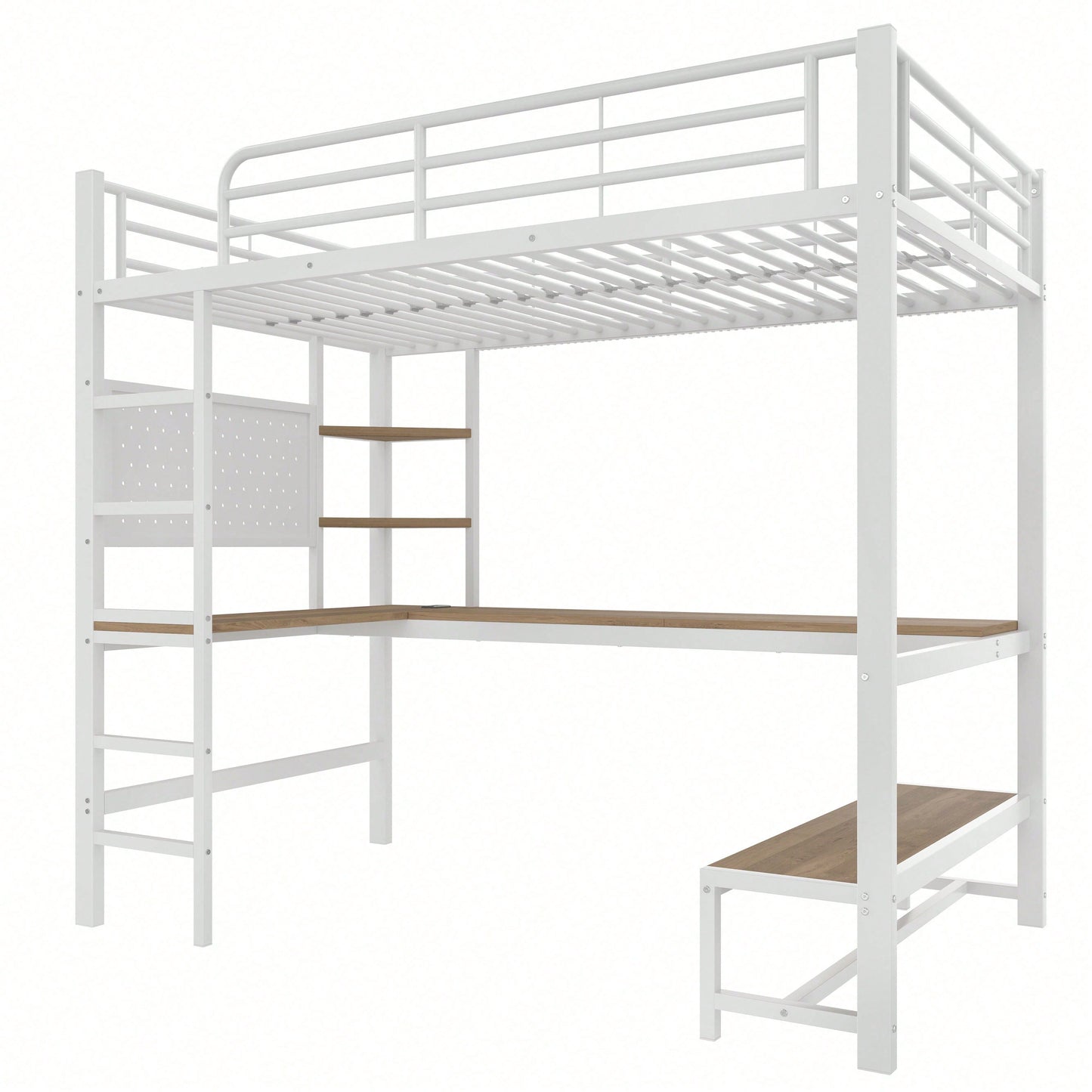 Hochbett 90x200 cm mit Schreibtisch & LED-Beleuchtung – Metallbett (Eisenrahmen) in Schwarz mit USB/Type-C-Anschlüssen, Lochbrett & Ablagen – Inkl. Geländer & Trittleiter (ohne Matratze)