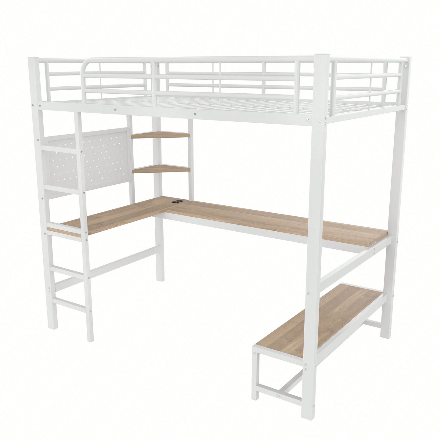 Hochbett 90x200 cm mit Schreibtisch & LED-Beleuchtung – Metallbett (Eisenrahmen) in Schwarz mit USB/Type-C-Anschlüssen, Lochbrett & Ablagen – Inkl. Geländer & Trittleiter (ohne Matratze)