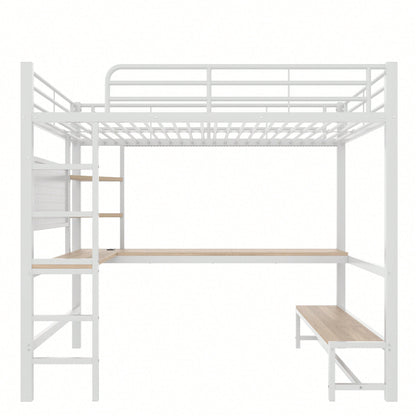Hochbett 90x200 cm mit Schreibtisch & LED-Beleuchtung – Metallbett (Eisenrahmen) in Schwarz mit USB/Type-C-Anschlüssen, Lochbrett & Ablagen – Inkl. Geländer & Trittleiter (ohne Matratze)