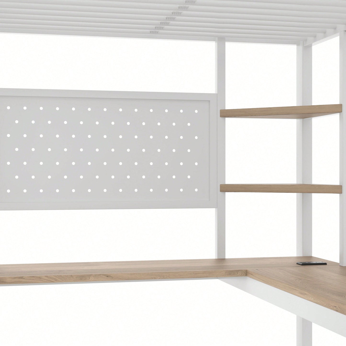 Hochbett 90x200 cm mit Schreibtisch & LED-Beleuchtung – Metallbett (Eisenrahmen) in Schwarz mit USB/Type-C-Anschlüssen, Lochbrett & Ablagen – Inkl. Geländer & Trittleiter (ohne Matratze)
