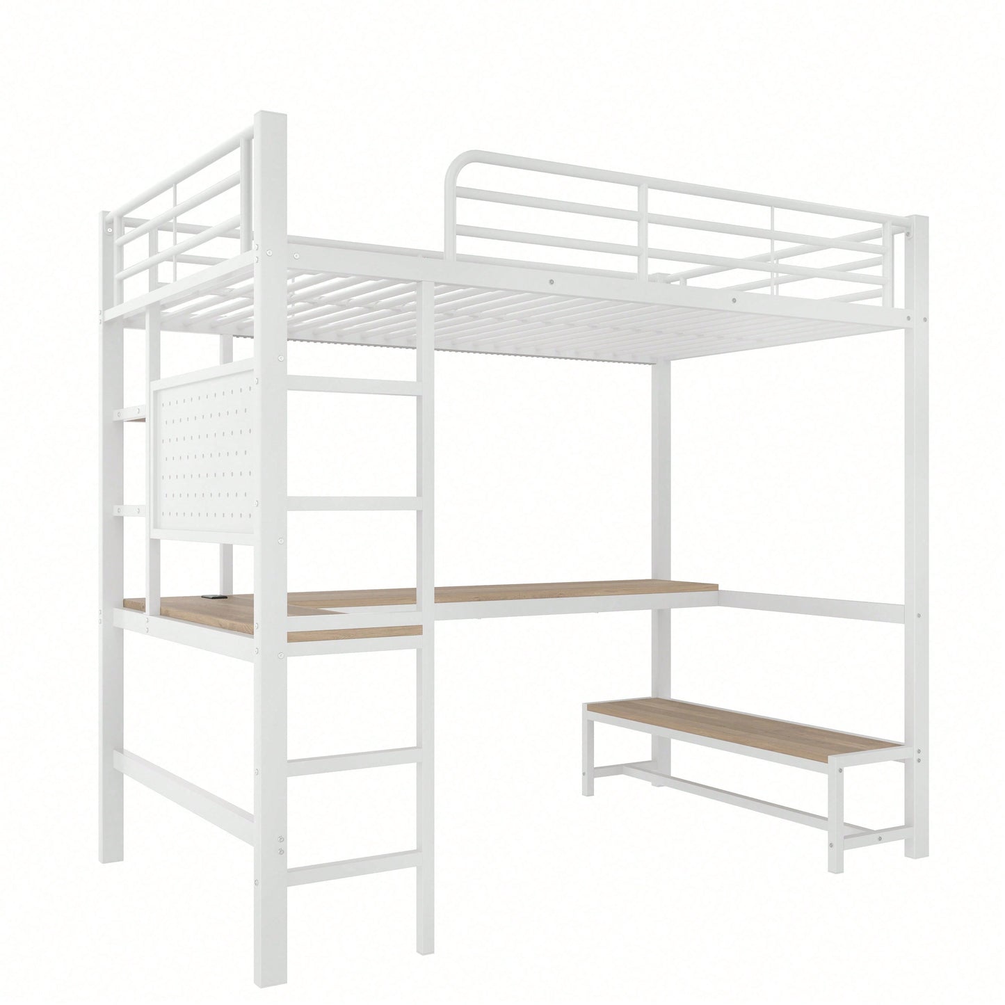 Hochbett 90x200 cm mit Schreibtisch & LED-Beleuchtung – Metallbett (Eisenrahmen) in Schwarz mit USB/Type-C-Anschlüssen, Lochbrett & Ablagen – Inkl. Geländer & Trittleiter (ohne Matratze)