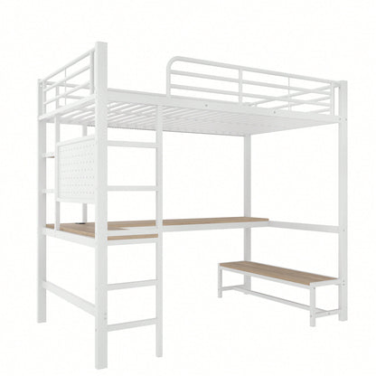 Hochbett 90x200 cm mit Schreibtisch & LED-Beleuchtung – Metallbett (Eisenrahmen) in Schwarz mit USB/Type-C-Anschlüssen, Lochbrett & Ablagen – Inkl. Geländer & Trittleiter (ohne Matratze)