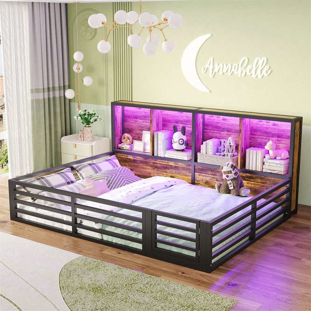 Zaunbett 140x200 cm – Modernes Metall-Daybett mit integriertem Staufach & Brüstung – Inkl. Lattenrost (ohne Matratze), schwarze Plattform für stilvolles Schlafzimmer