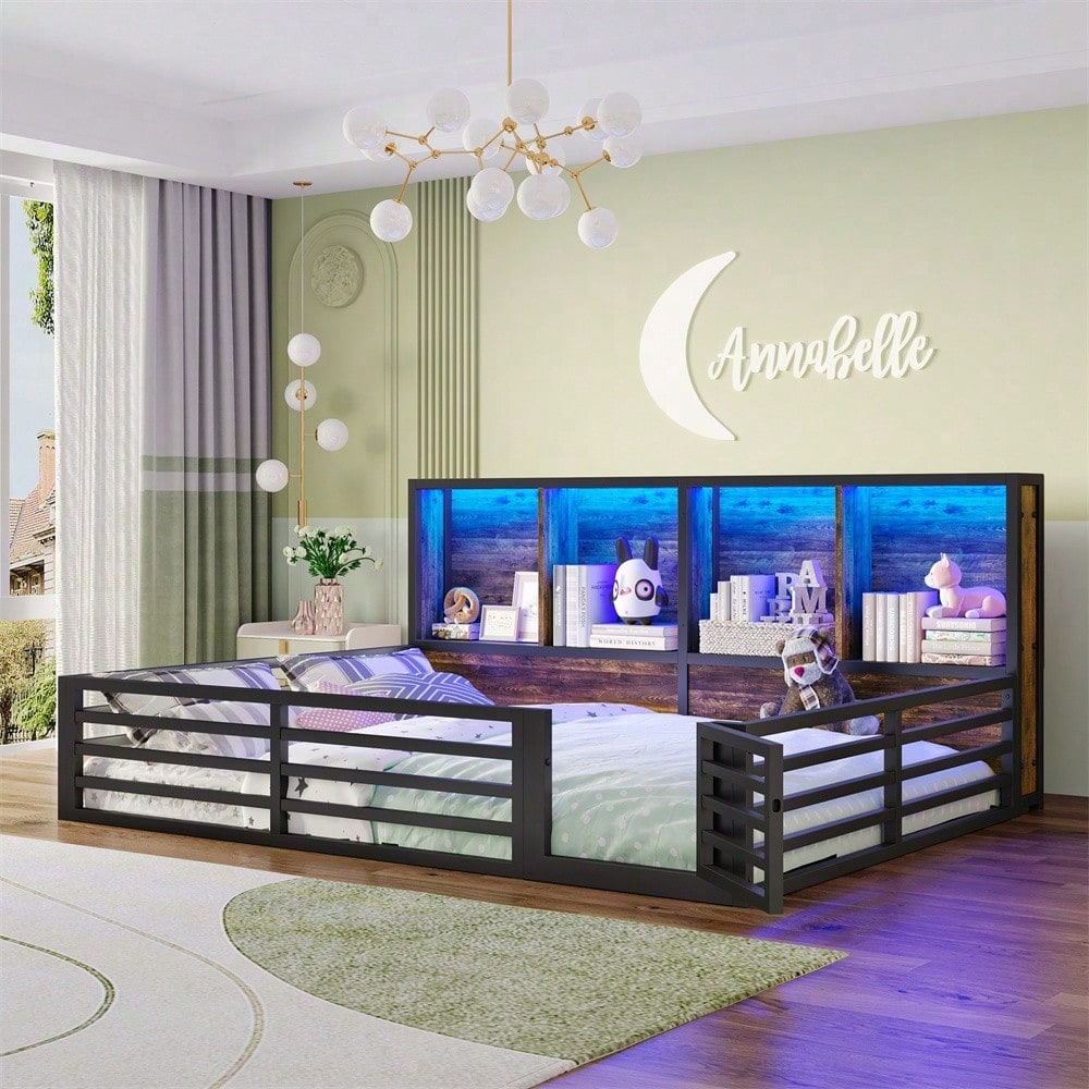 Zaunbett 140x200 cm – Modernes Metall-Daybett mit integriertem Staufach & Brüstung – Inkl. Lattenrost (ohne Matratze), schwarze Plattform für stilvolles Schlafzimmer