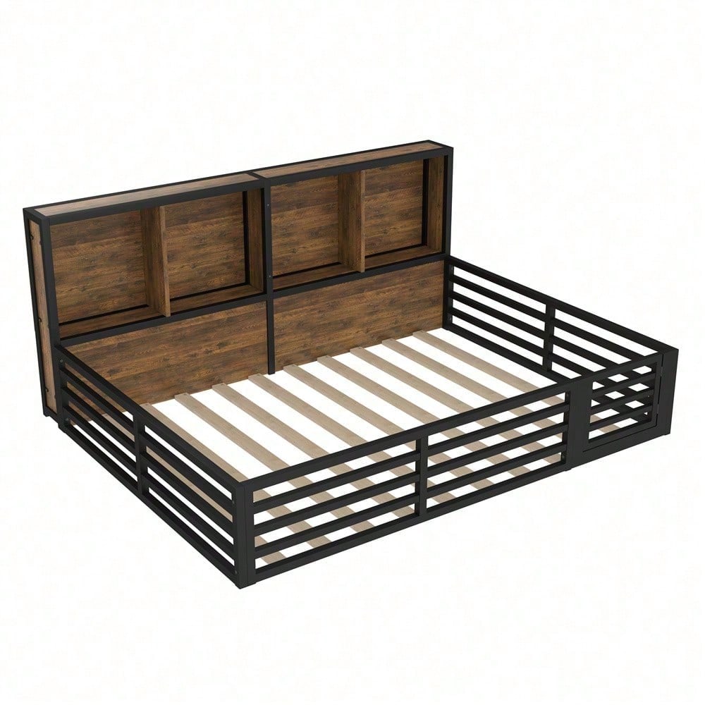 Zaunbett 140x200 cm – Modernes Metall-Daybett mit integriertem Staufach & Brüstung – Inkl. Lattenrost (ohne Matratze), schwarze Plattform für stilvolles Schlafzimmer